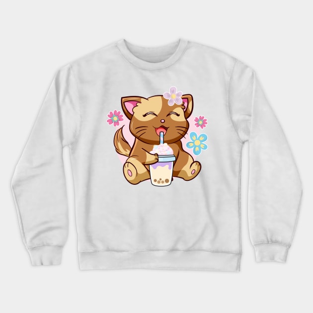 Boba Cat Tea Neko Girl Teen Bubble Kawaii Anime Japanese Crewneck Sweatshirt by jodotodesign